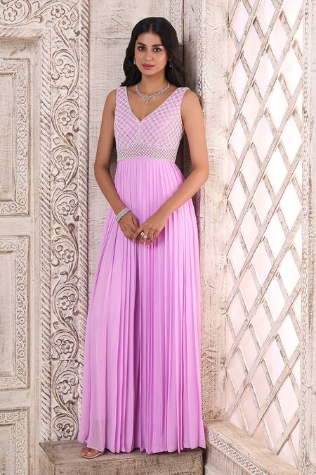 Buy_Aariyana Couture_Purple Viscose, Georgette Pearls, Cut Work Embroidered Bodice Pleated Jumpsuit_Online_at_Aza_Fashions