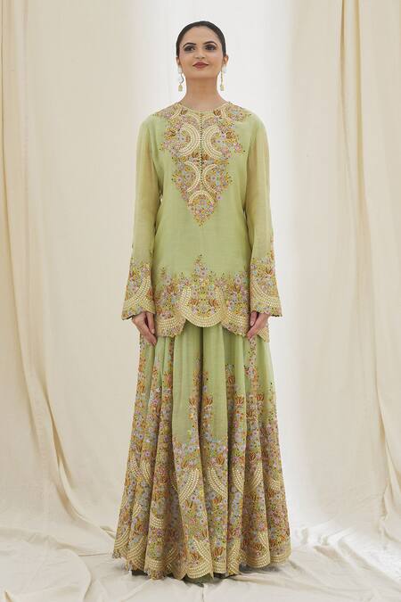 Anamika Khanna Green Cotton Embroidery Round Neck Floret Kurta Sharara Set Online at Aza Fashions Anamika Khanna_Green Cotton Embroidery Round Neck Floret Kurta Sharara Set_Online_at_Aza_Fashions