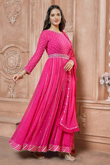 Shop_Aariyana Couture_Fuchsia Chiffon, Modal Beads Round Neck Embroidered Anarkali Set_Online_at_Aza_Fashions