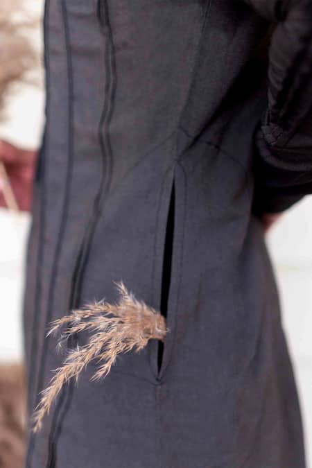 Shop Shreyansh Designs Black Cotton Silk Blend Solid Full Sleeve Panelled Kurta at Aza Fashions Shop_Shreyansh Designs_Black Cotton Silk Blend Solid Full Sleeve Panelled Kurta _at_Aza_Fashions