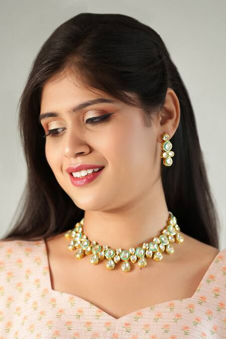 Shop Ishhaara Blue Imitation Diamonds Embellished Kundan Choker Set Online at Aza Fashions Shop_Ishhaara_Blue Imitation Diamonds Embellished Kundan Choker Set _Online_at_Aza_Fashions