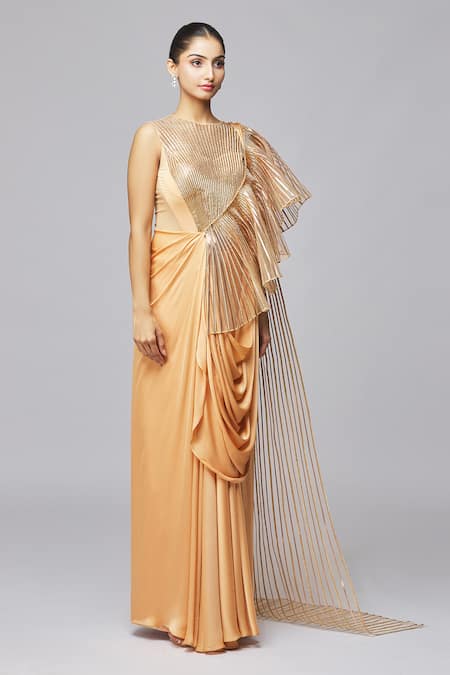 Amit Aggarwal Gold Chiffon Metallic Thread Round Neck Striped Ruffle Gown Online at Aza Fashions Amit Aggarwal_Gold Chiffon Metallic Thread Round Neck Striped Ruffle Gown _Online_at_Aza_Fashions