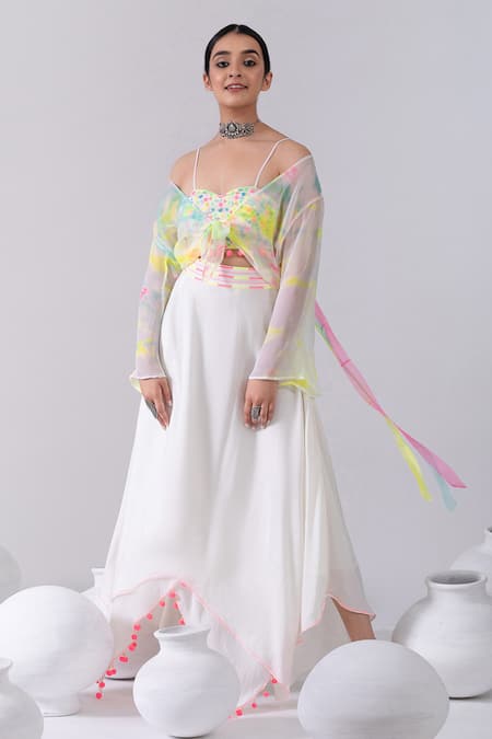 Kacha Tanka Ivory Cotton Voile Embroidery Thread Tie And Dye Knotted Shrug & Skirt Set 