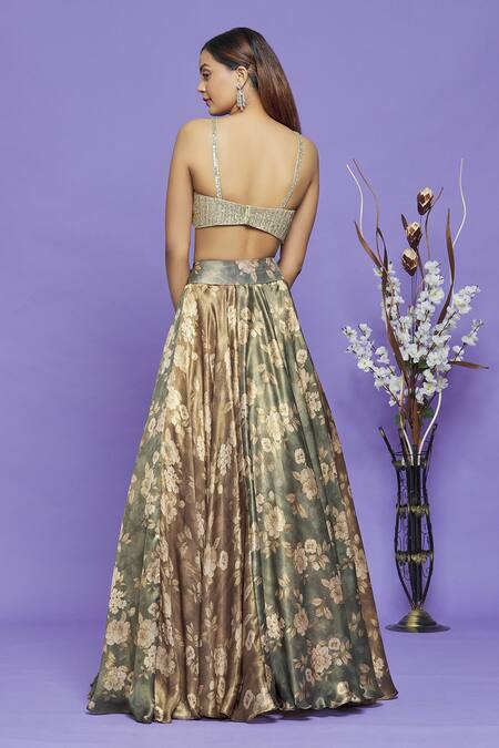 Shop_Neha Mehta Couture_Green Satin Georgette Embroidery Sequin And Strappy Blouse & Floral Print Lehenga _at_Aza_Fashions