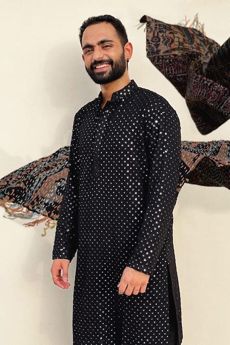 Shop_Hilo Design_Black Georgette, Silk Mirrors Embroidered Kurta And Patiala Pant Set _Online_at_Aza_Fashions