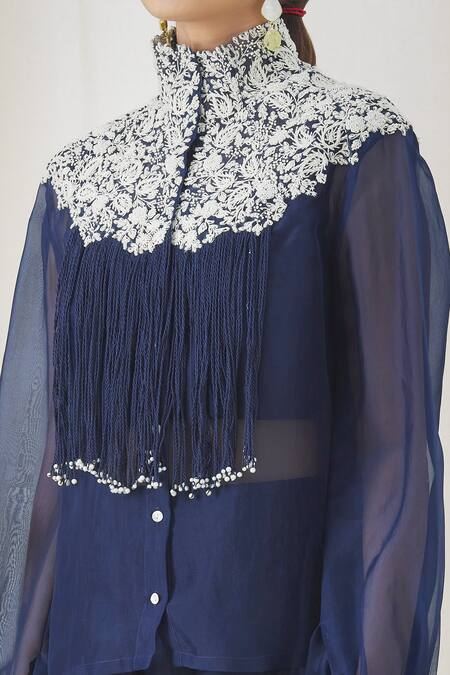 Shop_Anamika Khanna_Blue Chiffon, Cotton Tassels, Embroidery High Neck Shirt And Pant Set_Online_at_Aza_Fashions