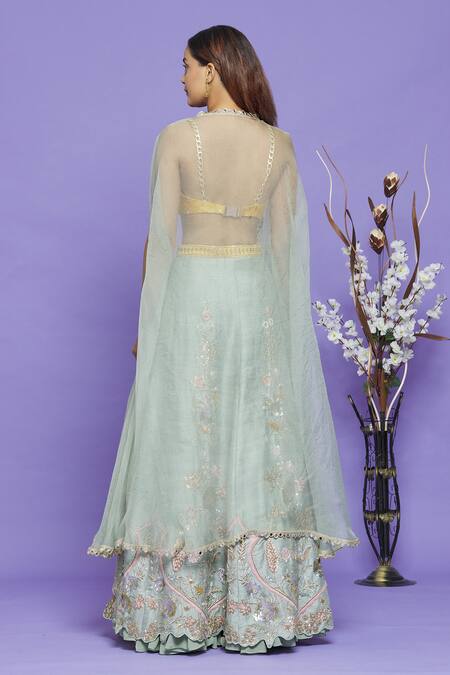 Shop_Neha Mehta Couture_Yellow Pure Banarasi Sequin, Thread, Cutdana And Sheer Cape & Overlay Sharara Set _at_Aza_Fashions