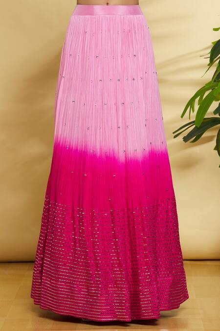 Samyukta Singhania_Pink Georgette, Net Mirrors, Embroidery Sweetheart Ombre Pleated Lehenga Set_at_Aza_Fashions