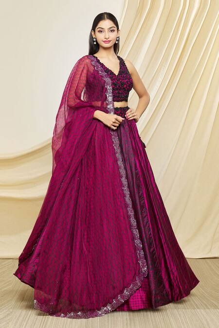 Shop Prisha Magenta Silk Embroidered Floral V Neck Pattern Lehenga Set Online at Aza Fashions Shop_Prisha_Magenta Silk Embroidered Floral V Neck Pattern Lehenga Set _Online_at_Aza_Fashions