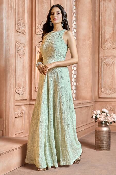 Ariyana By Aza_Green Viscose, Georgette Embroidery Round Neck Floral Jumpsuit _at_Aza_Fashions
