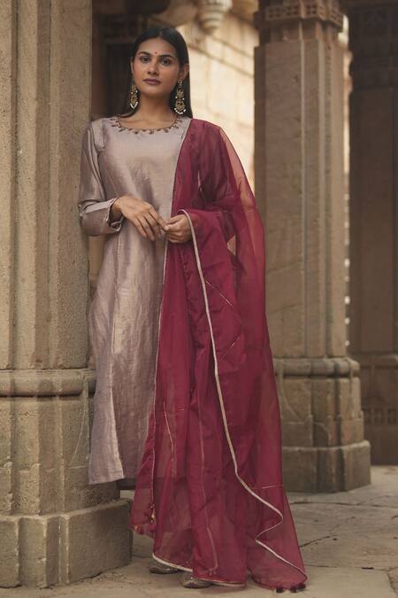 Shop Sagaa By Vanita Brown Kurta And Pant Silk Embroidered Sequins Round Neck Set at Aza Fashions Shop_Sagaa By Vanita_Brown Kurta And Pant Silk Embroidered Sequins Round Neck Set _at_Aza_Fashions