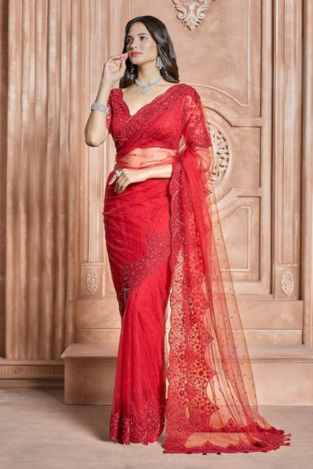 Aariyana Couture - Red Saree And Blouse-butterfly Net Embroidered Floral  With Blouse For Women