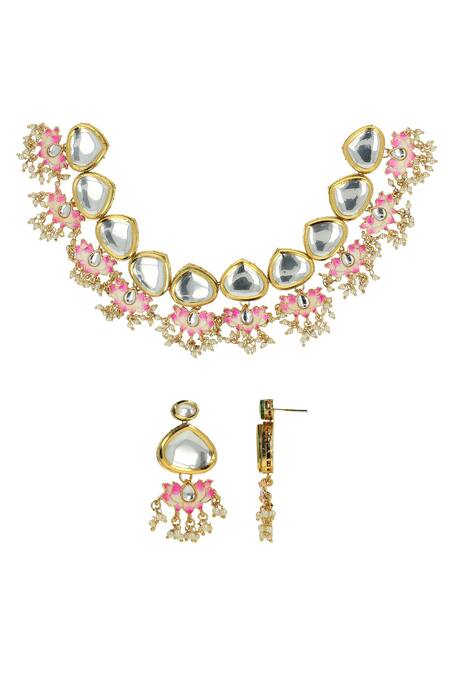 Ishhaara Gold Plated Beads Lotus Drop Choker Set Online at Aza Fashions Ishhaara_Gold Plated Beads Lotus Drop Choker Set _Online_at_Aza_Fashions