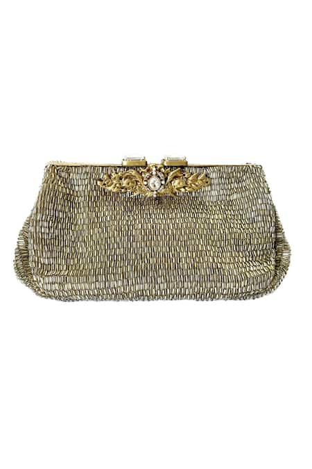 Shop Kokommo Grey Embellished Vicenza Micro Bead Embroidered Clutch at Aza Fashions Shop_Kokommo_Grey Embellished Vicenza Micro Bead Embroidered Clutch _at_Aza_Fashions