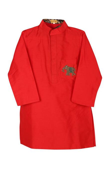 Shop Shruti Jalan Red Cotton, Silk Zari Zardozi Embroidered Elephant Motif Kurta at Aza Fashions Shop_Shruti Jalan_Red Cotton, Silk Zari Zardozi Embroidered Elephant Motif Kurta _at_Aza_Fashions