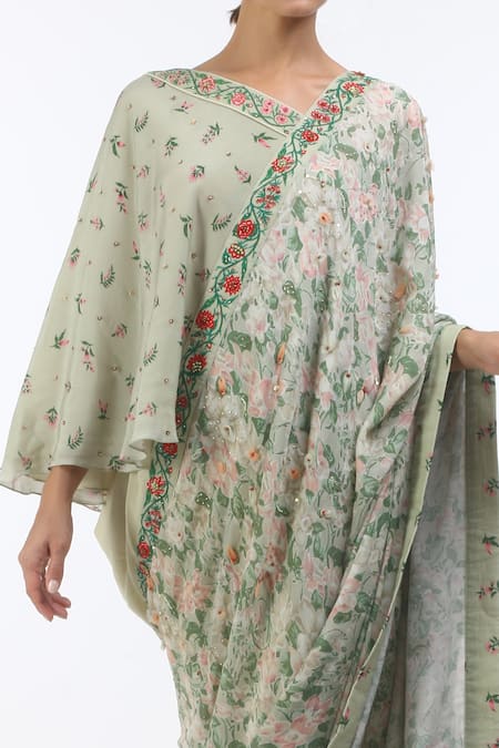 Nikasha_Grey Asymmetric Hand Painted Saree With Blouse _Online_at_Aza_Fashions