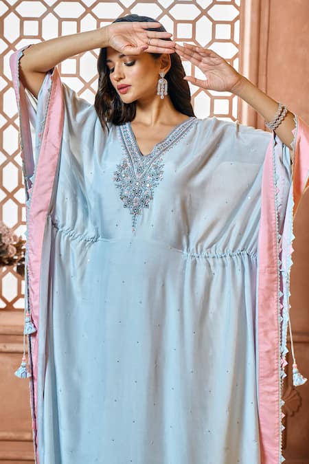 Shop Aariyana Couture Blue Cotton, Silk, Modal, Satin Lace V-neck Hand Embroidered Neckline Kaftan Online at Aza Fashions Shop_Aariyana Couture_Blue Cotton, Silk, Modal, Satin Lace V-neck Hand Embroidered Neckline Kaftan_Online_at_Aza_Fashions