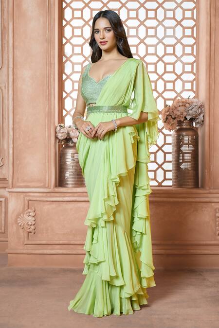 Aariyana Couture_Green Viscose, Organza, Denim Cut Work Open Ruffle Pre-draped Saree With Blouse_Online_at_Aza_Fashions