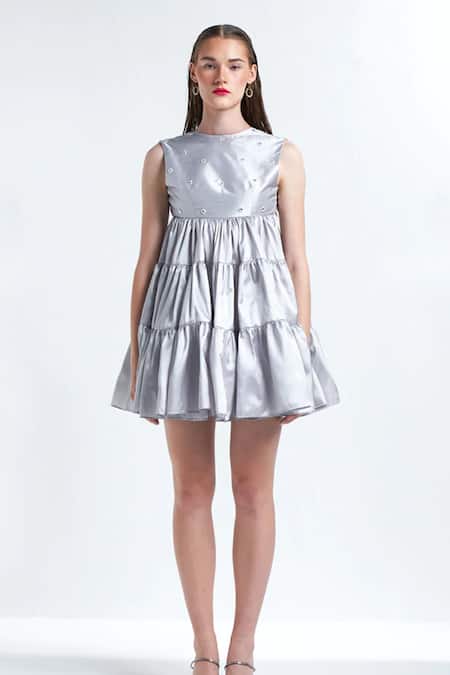 TheRealB Grey Silk Hand Embroidered Sequin Work Ambrosia Tiered Mini Dress 