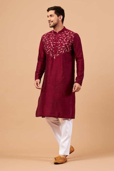 Shop_Hilo Design_Purple Silk, Cotton, Lycra Embroidery Leaf Motif Basik Kurta And Pant Set _Online_at_Aza_Fashions