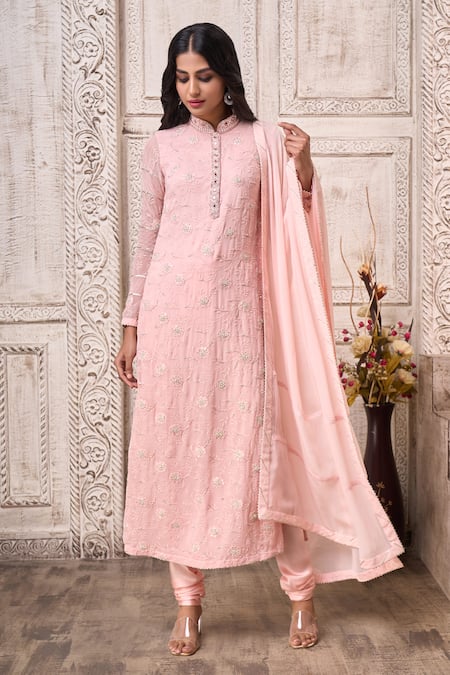 Aariyana Couture_Peach Viscose, Georgette Cut Work, Pearls, Floral Embroidered Straight Kurta Set_at_Aza_Fashions