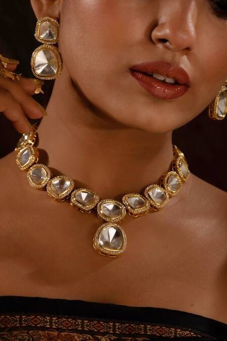 Shop_Ishhaara_Gold Plated Diamonds, Stones Polki Embellished Necklace Set _Online_at_Aza_Fashions