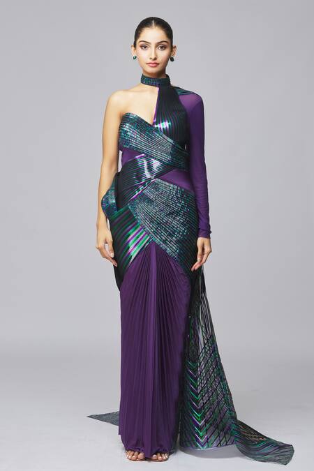 Amit Aggarwal_Purple Cotton Satin Metallic Thread Asymmetric Stripe High Neck Gown _at_Aza_Fashions