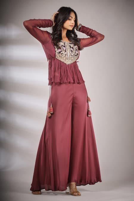 Pallavi Jaipur Embroidered Peplum Top & Flared Pant Set 