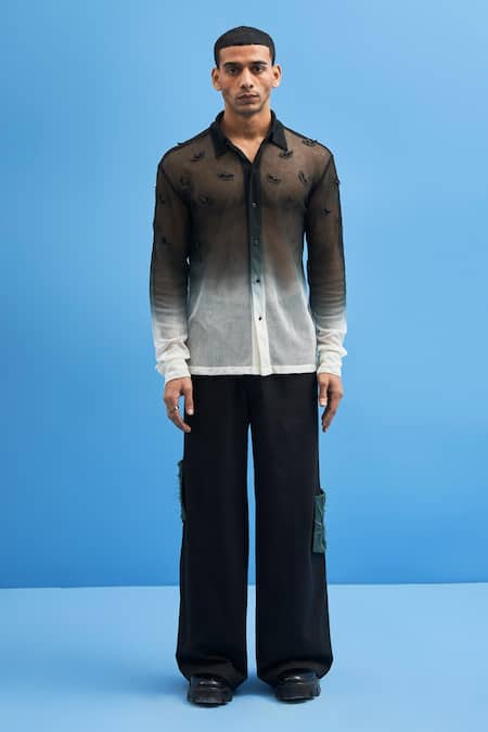 Siddhant Agrawal_Black 100% Cotton Mesh Cranes Ombre Shirt _Online_at_Aza_Fashions