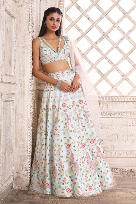 Buy Aariyana Couture Blue Leatherette, Net Embroidery V-neck Floral Lehenga Set Online at Aza Fashions Buy_Aariyana Couture_Blue Leatherette, Net Embroidery V-neck Floral Lehenga Set_Online_at_Aza_Fashions