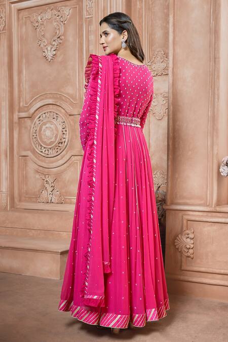 Shop_Aariyana Couture_Fuchsia Chiffon, Modal Beads Round Neck Embroidered Anarkali Set_at_Aza_Fashions