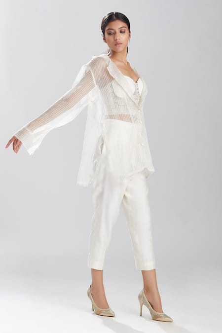 Shop Megha Bansal Ivory Silk Organza Thread Work Lapel Collar Motia Azra Embroidered Shirt at Aza Fashions Shop_Megha Bansal_Ivory Silk Organza Thread Work Lapel Collar Motia Azra Embroidered Shirt _at_Aza_Fashions