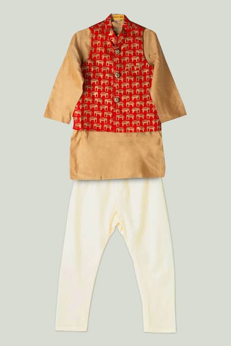 Shruti Jalan Beige Cotton, Silk, Kota Doria Embroidery Elephant Print Bundi And Kurta Set 