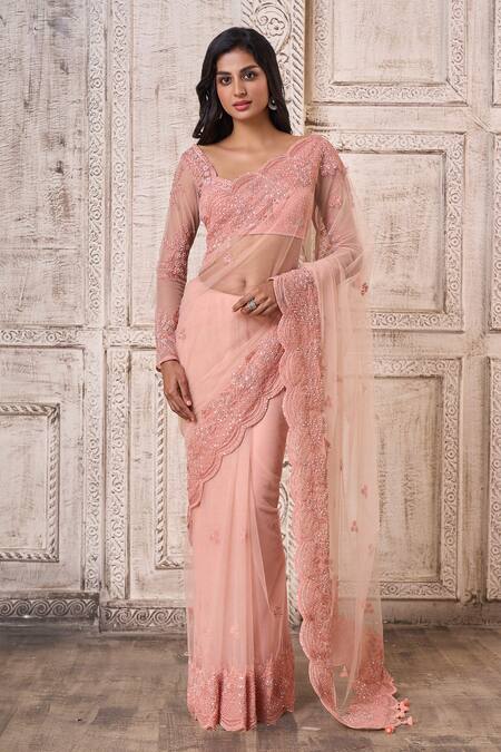 Aariyana Couture Peach Modal, Net, Satin Pearls, Cut Scallop Embroidered Border Saree With Blouse Online at Aza Fashions Aariyana Couture_Peach Modal, Net, Satin Pearls, Cut Scallop Embroidered Border Saree With Blouse_Online_at_Aza_Fashions