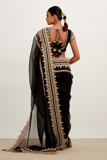 Shop_Devnaagri_Black Organza, Georgette And Raw Dori, Embroidered Saree With Blouse _at_Aza_Fashions
