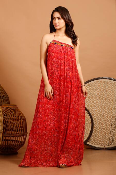 Buy_Garo_Red Chiffon Geometric Asymmetric Printed Gown_Online_at_Aza_Fashions