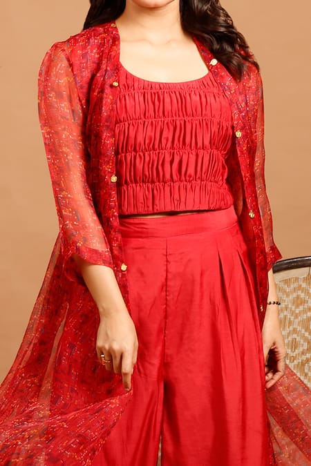 Garo_Red Organza, Silk Muslin Geometric, Metal Coin Bustier Print And Pant Set_Online_at_Aza_Fashions