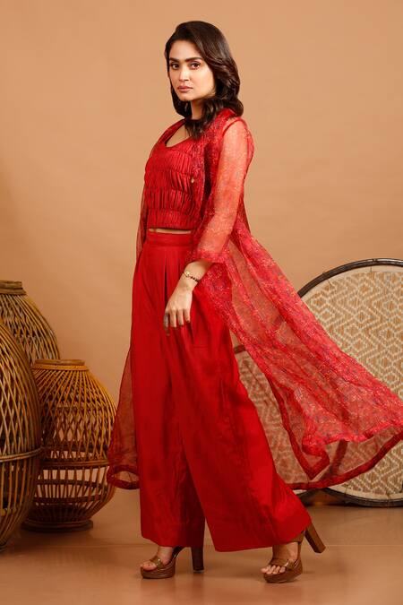 Buy_Garo_Red Organza, Silk Muslin Geometric, Metal Coin Bustier Print And Pant Set_Online_at_Aza_Fashions