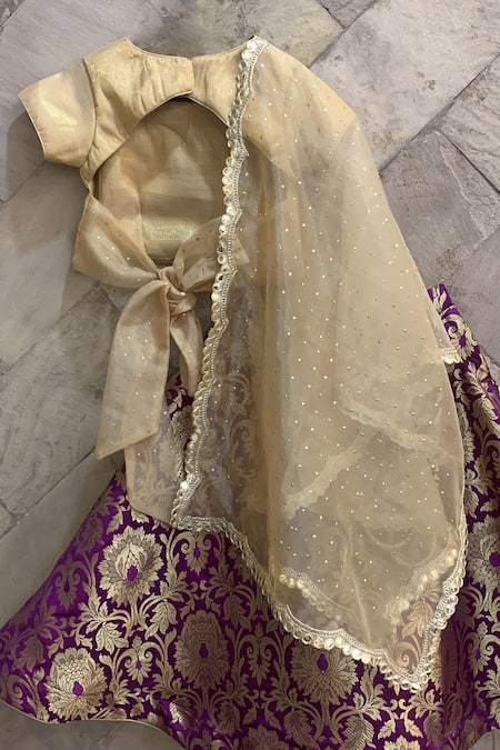 The Plum Bum_Gold Tissue, Brocade, Organza Embroidery, Sequins Floral Lehenga Set _Online_at_Aza_Fashions