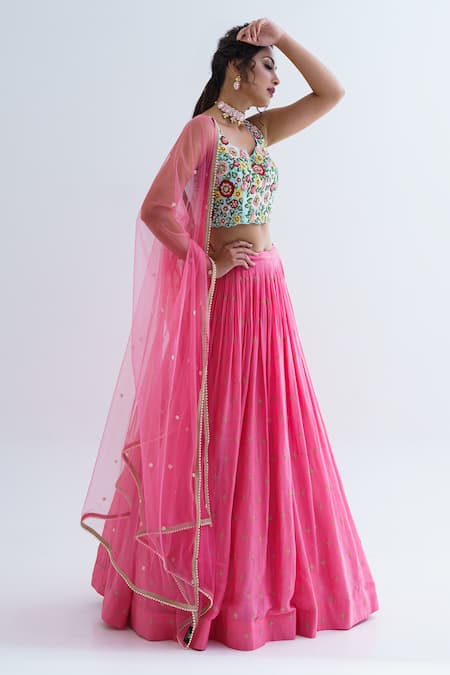 Buy_Suruchi Parakh_Pink Net, Crepe, Georgette, Tussar Silk Floral Embroidered Blouse Lehenga Set _Online_at_Aza_Fashions