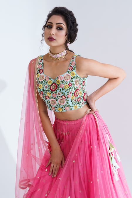 Suruchi Parakh_Pink Net, Crepe, Georgette, Tussar Silk Floral Embroidered Blouse Lehenga Set _Online_at_Aza_Fashions