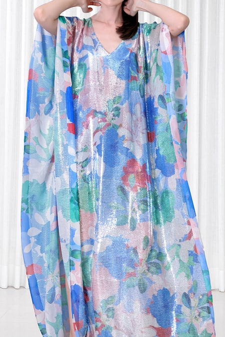 Mandira Wirk Resort_Blue Silk Sequins V-neck Hibiscus Print Kaftan _Online_at_Aza_Fashions