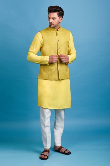 Chatenya Mittal_Yellow Linen Gota Patti, Embroidery Bundi Kurta Set For Kids_Online_at_Aza_Fashions
