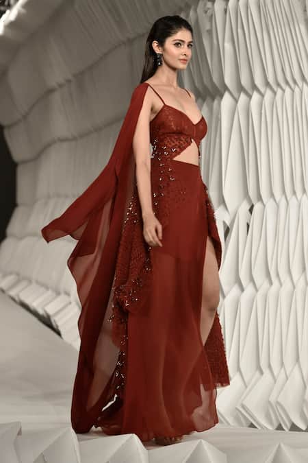 Rohit Gandhi + Rahul Khanna_Red Tulle, Maheshwari, Silk, Chiffon, Net Beads, Spire Fringe Jacket And Skirt Set _at_Aza_Fashions