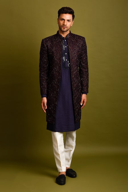 Buy_Chatenya Mittal_Blue Silk Kashmiri Thread And Cutdana Embroidered Achkan & Kurta Set _Online_at_Aza_Fashions