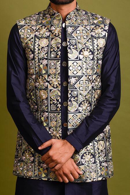Chatenya Mittal_Blue Silk Mirrors Thread Embroidered Bundi And Kurta Set For Kids_Online_at_Aza_Fashions