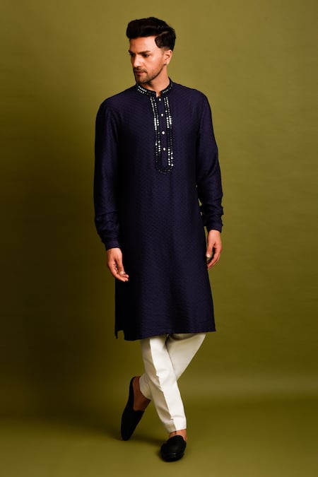 Buy_Chatenya Mittal_Blue Silk Mirrors Thread Embroidered Bundi And Kurta Set For Kids_Online_at_Aza_Fashions