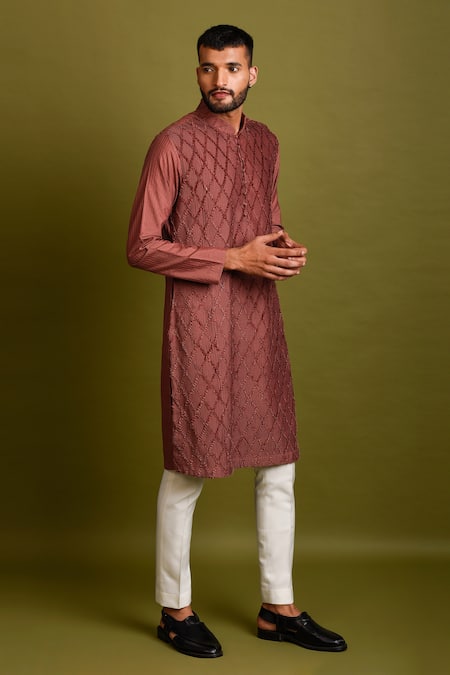 Buy_Chatenya Mittal_Maroon Cotton Silk Pintuck Kurta Set _Online_at_Aza_Fashions
