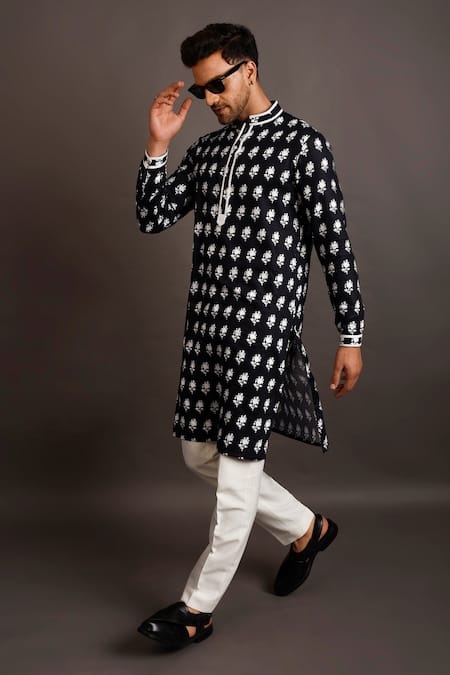 Chatenya Mittal_Black Cotton Floral Print Kurta Set _Online_at_Aza_Fashions