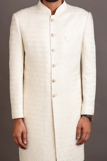 Chatenya Mittal_Off White Georgette Embroidery, Sequins Floral Achkan Set_Online_at_Aza_Fashions